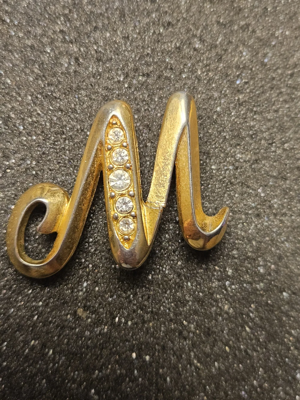 Avon Gold-Tone 'M' Brooch with Clear Rhinestones